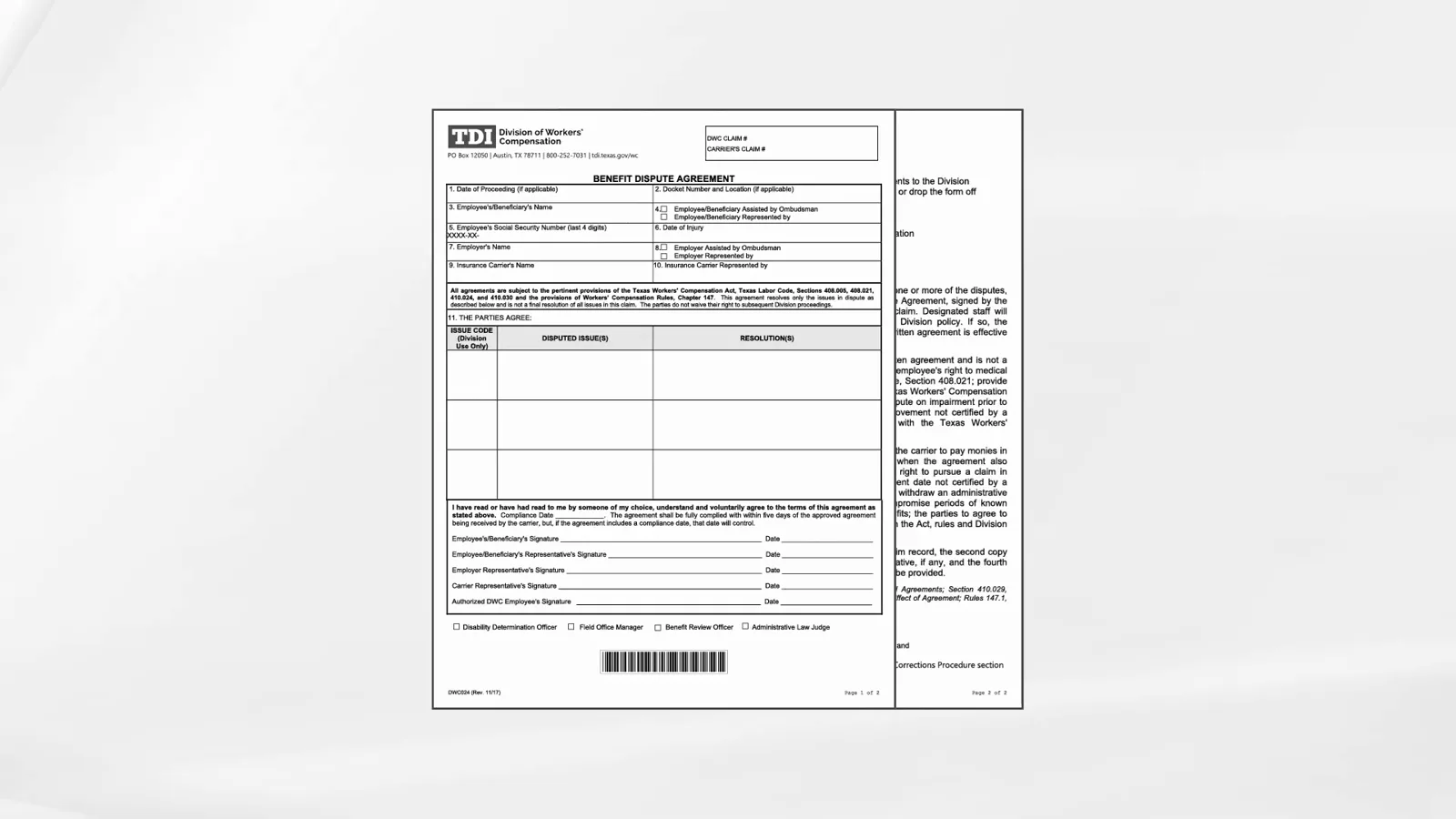 If the BRC settles, the deal is written on DWC Form-024 Official DWC Form-024 Benefit Dispute Agreement with a table for disputed issues and resolutions, plus signature lines for the employee, employer, carrier and a DWC employee