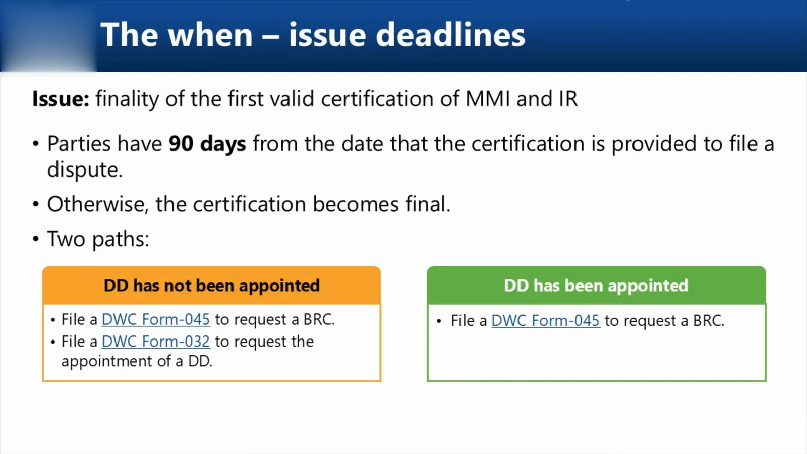 Dispute the first MMI and impairment rating inside 90 days Slide on the 90-day deadline for disputing the first valid certification of maximum medical improvement and impairment rating, split into designated doctor not appointed and designated doctor appointed paths
