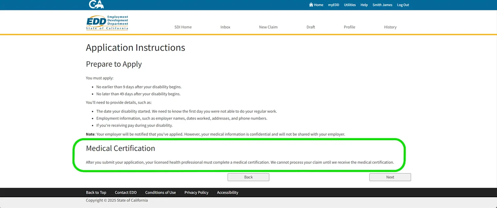 Lee la pantalla de instrucciones antes de llenar nada Pantalla Application Instructions de SDI Online titulada Prepare to Apply con las ventanas de presentación de nueve y 49 días y el recordatorio de la certificación médica que el video del EDD enmarca en verde