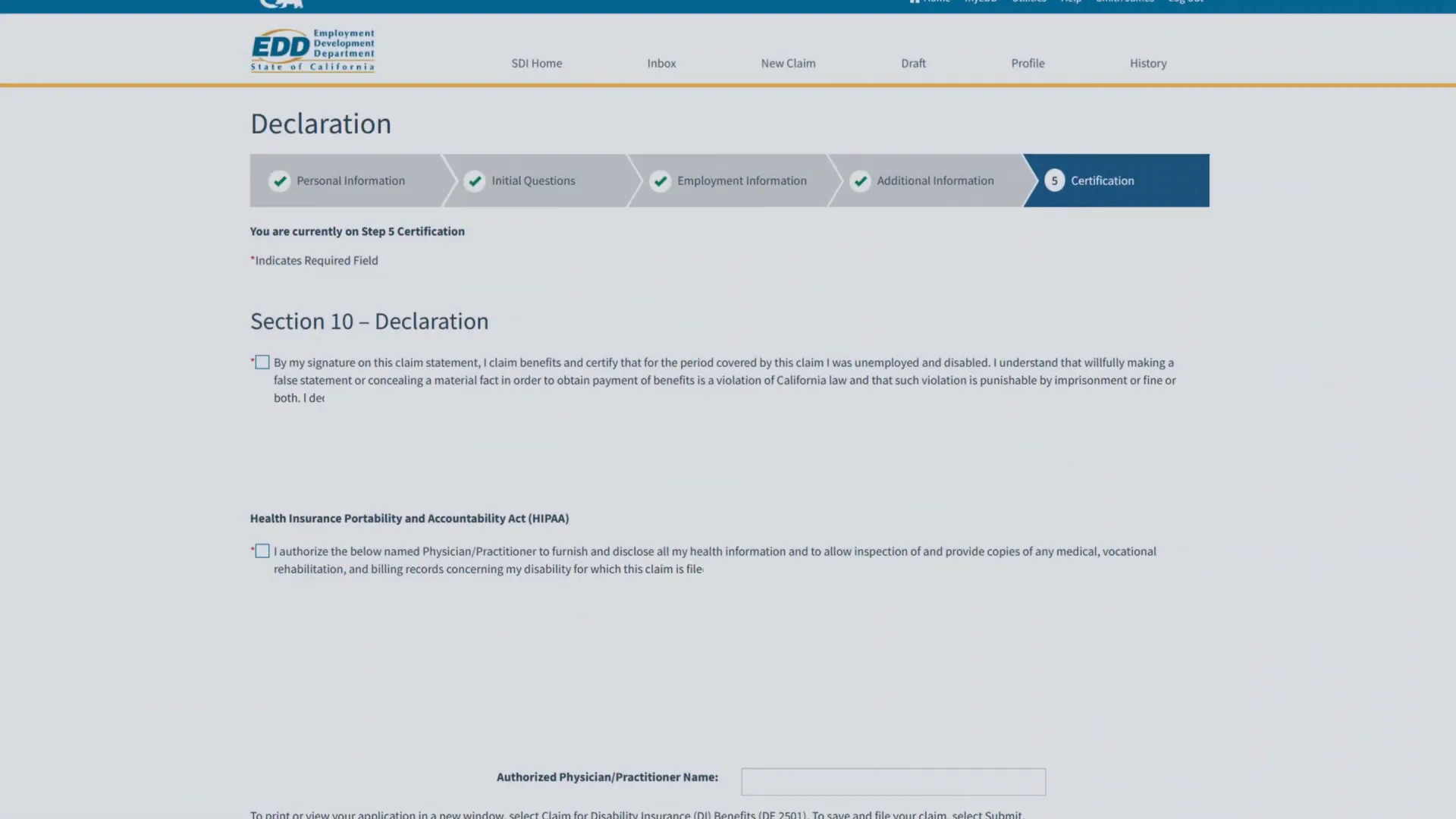 Completa la Parte A y firma la declaración Página Declaration de SDI Online en el paso 5 Certification, con los pasos Personal Information, Initial Questions, Employment Information y Additional Information completados arriba de las casillas de la declaración de la Sección 10 y de la autorización HIPAA