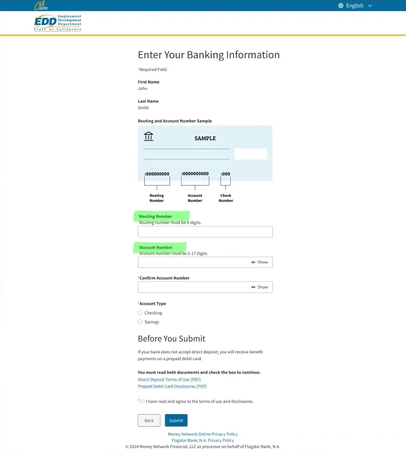 Ingresa tu número de ruta y tu número de cuenta para el depósito directo Formulario Enter Your Banking Information de myEDD con la imagen de un cheque de muestra, los campos Routing Number y Account Number resaltados en el tutorial de SDI Online, un campo Confirm Account Number, las opciones Checking y Savings y la casilla de términos antes del botón Submit