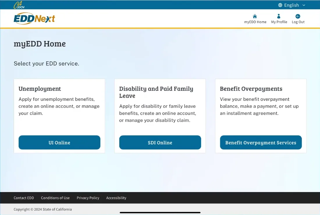 Regístrate en SDI Online desde la página de myEDD Página de inicio de myEDD en myedd.edd.ca.gov con las tarjetas de servicios de Unemployment, Disability and Paid Family Leave y Benefit Overpayments, y el botón SDI Online debajo de Disability and Paid Family Leave
