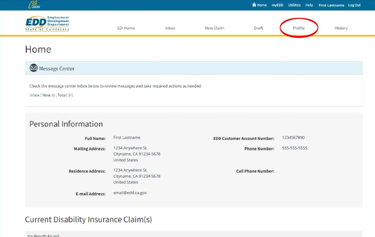 Verifica tu identidad y guarda tu número de cuenta del EDD Página Profile de myEDD con la sección Personal Information y el nombre, la dirección postal, la dirección de residencia, el correo electrónico y el teléfono, con el campo del EDD Customer Account Number y la pestaña Profile resaltados en el tutorial de SDI Online