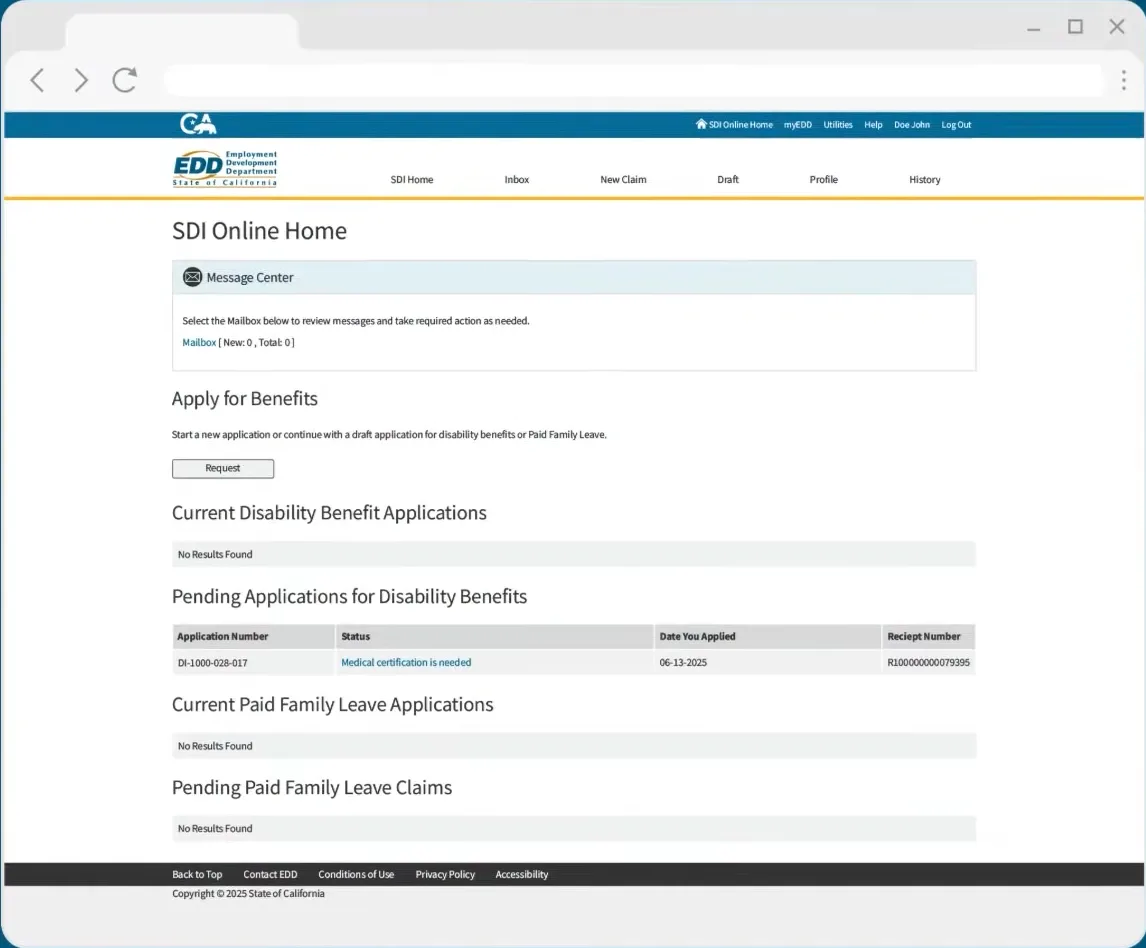 Sigue el estado de tu solicitud y los mensajes del EDD en SDI Online Página de inicio de SDI Online en myEDD con el buzón del Message Center, la sección Apply for Benefits y una tabla Pending Applications for Disability Benefits con el número de solicitud, el estado, la fecha de presentación y el número de recibo