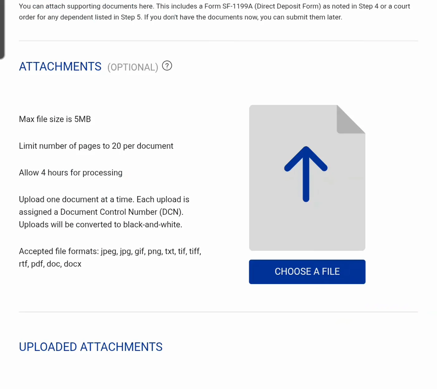 ECOMP CA-7 Attachments step marked optional with its 5MB file size and 20-page limits, the accepted jpeg to docx formats and the Choose a File button beside the converted black-and-white upload list
