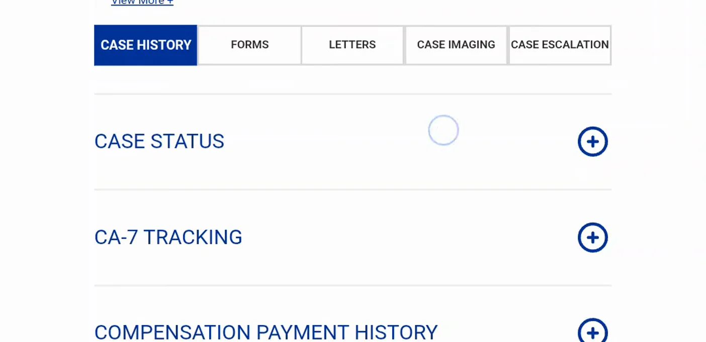 ECOMP case review page showing the Case History, Forms, Letters, Case Imaging and Case Escalation tabs above the expandable Case Status, CA-7 Tracking and Compensation Payment History panels