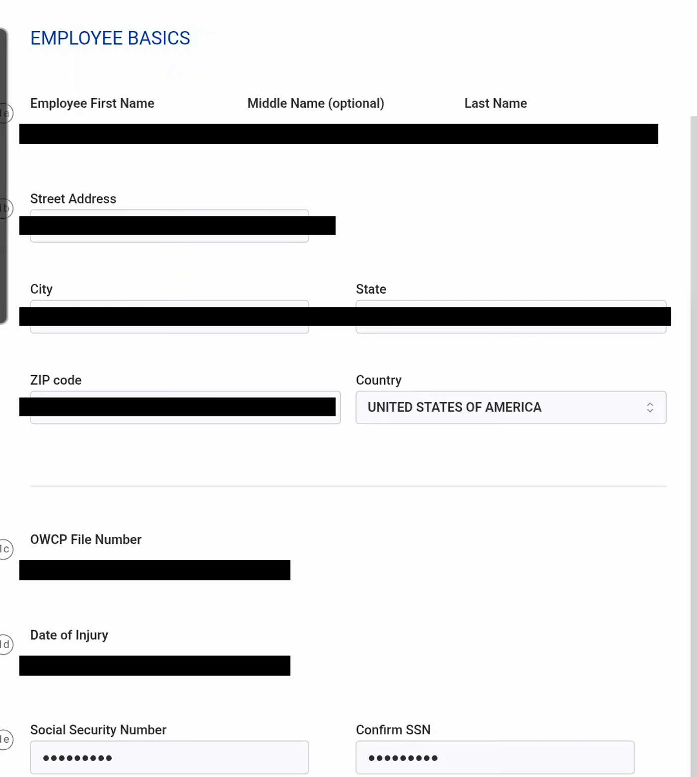 ECOMP CA-7 Employee Basics section prefilled from the OWCP case file with the employee name fields, mailing address, OWCP file number, date of injury and masked Social Security number showing the identifying values blanked out