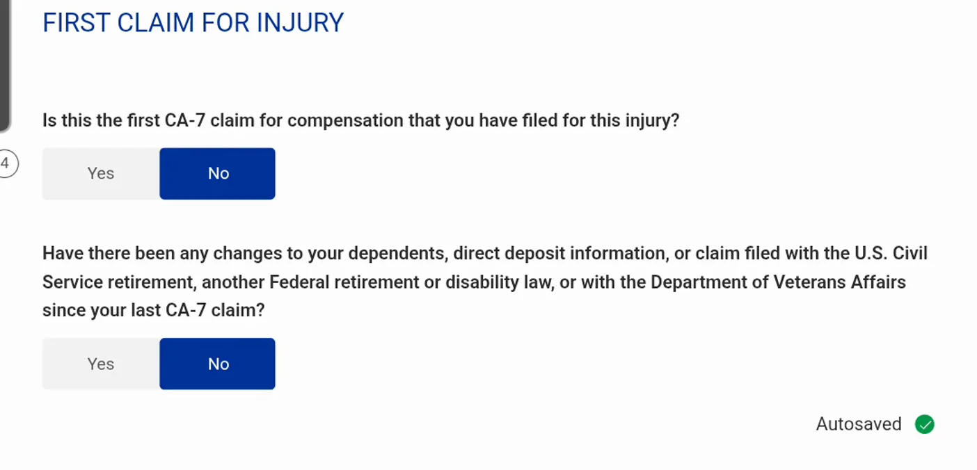 ECOMP CA-7 First Claim for Injury section with two No answers recorded, one stating that this is not the first CA-7 for the injury and one stating that dependents, direct deposit and other federal benefits have not changed