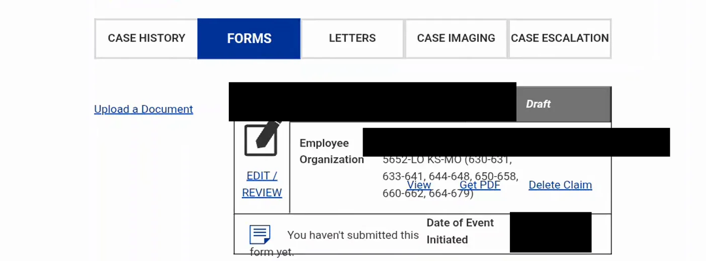 ECOMP Forms tab of a federal workers comp case listing a draft CA-7 card with its Draft badge, unsubmitted notice and Edit and Review link