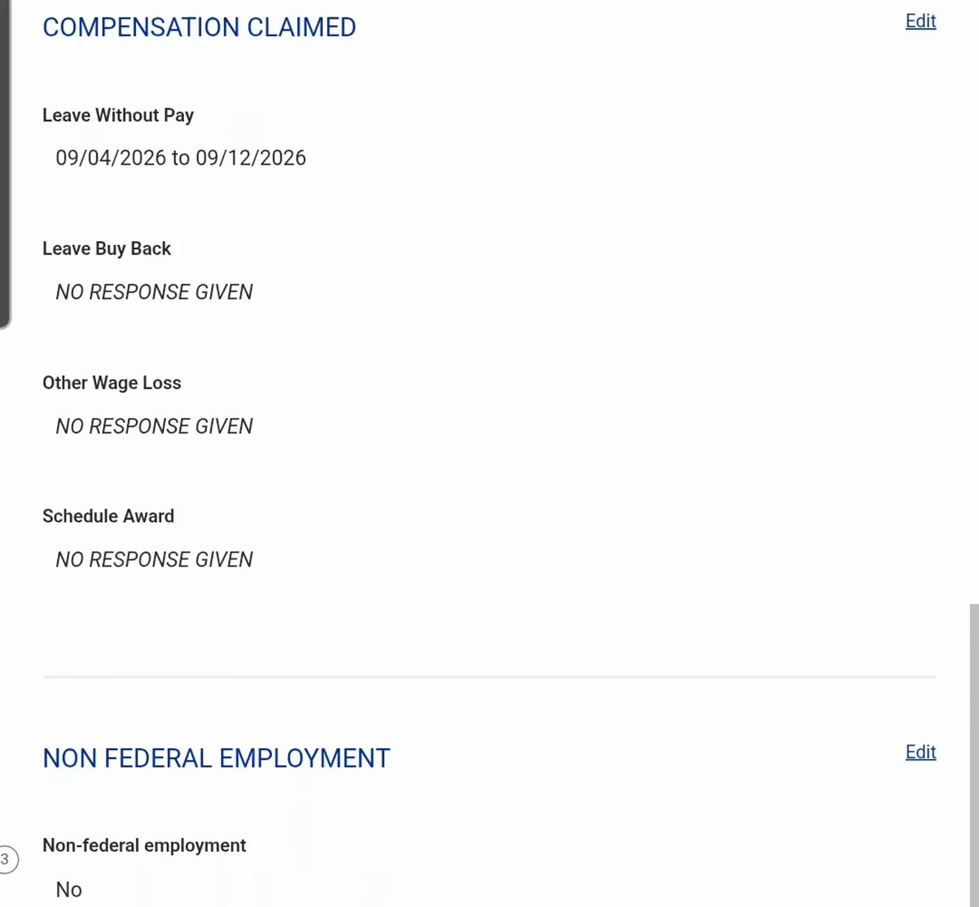 ECOMP CA-7 review page showing the Compensation Claimed block with a leave without pay date range and No Response Given beside Leave Buy Back, Other Wage Loss and Schedule Award, above the Non Federal Employment block