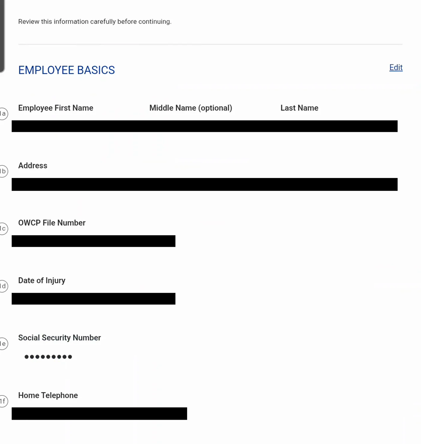 ECOMP CA-7 review page showing the Employee Basics summary with an Edit link and blanked-out values for the employee name, address, OWCP file number, date of injury and home telephone beside the masked Social Security number
