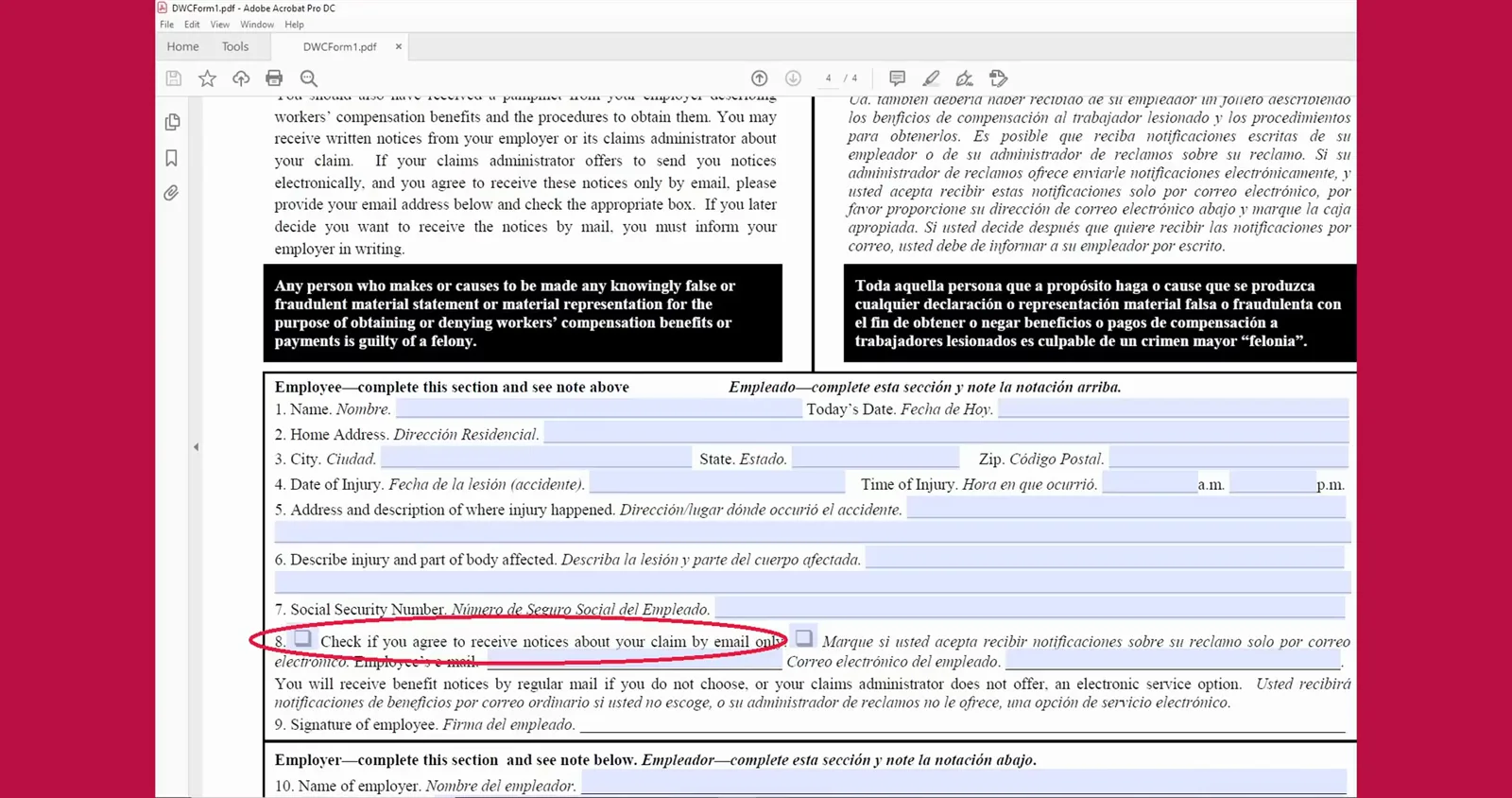Línea 8: la casilla para recibir avisos por correo electrónico Línea 8 Check if you agree to receive notices about your claim by email only, con su casilla y el campo de correo del empleado encerrados en un círculo rojo