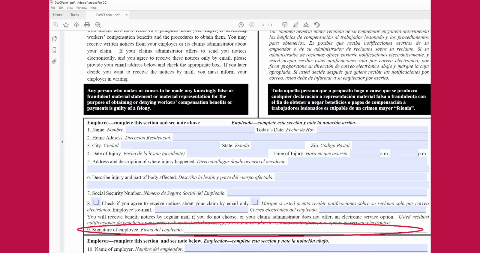 Línea 9: fírmalo y guarda una copia Línea 9 Signature of employee subrayada con un trazo rojo en el formulario DWC-1 de California, justo encima de la sección del empleador que empieza en la línea 10