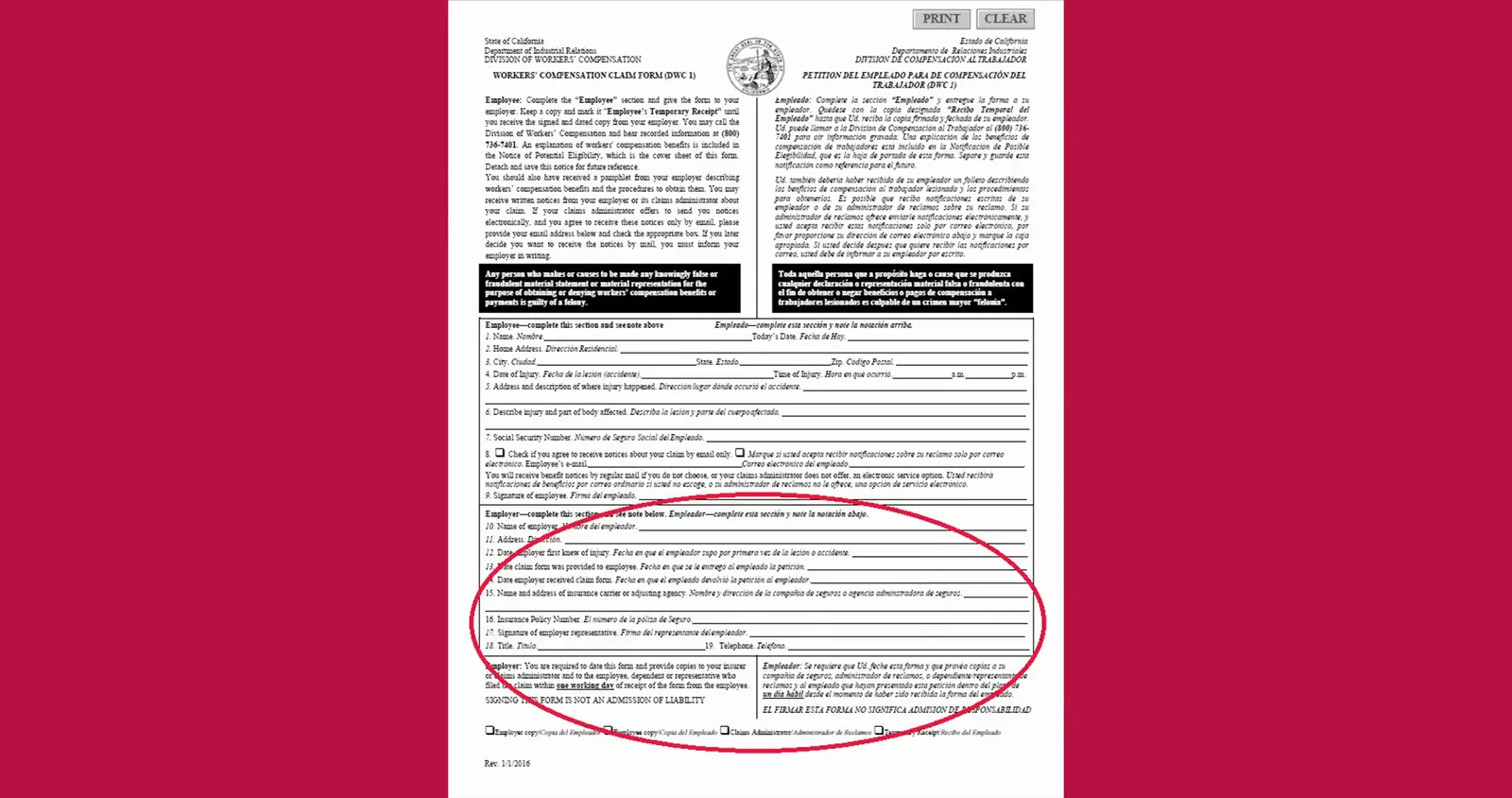 Líneas 10 a 18: hasta aquí, esta parte es del empleador Vista de página completa del formulario DWC-1 con un gran óvalo rojo alrededor de las líneas 10 a 18, el bloque del empleador, la aseguradora y el número de póliza que el empleado no debe llenar