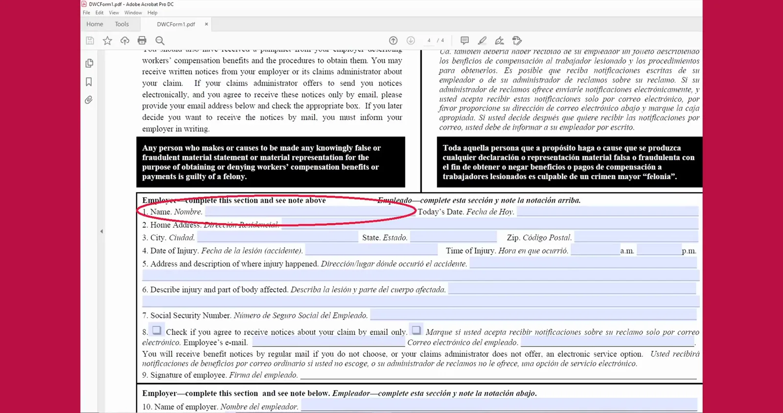 Línea 1: escribe tu nombre legal completo Círculo rojo dibujado alrededor de la línea 1 Name del formulario DWC-1 de California en Adobe Acrobat, con el campo de nombre vacío junto a la casilla Today’s Date