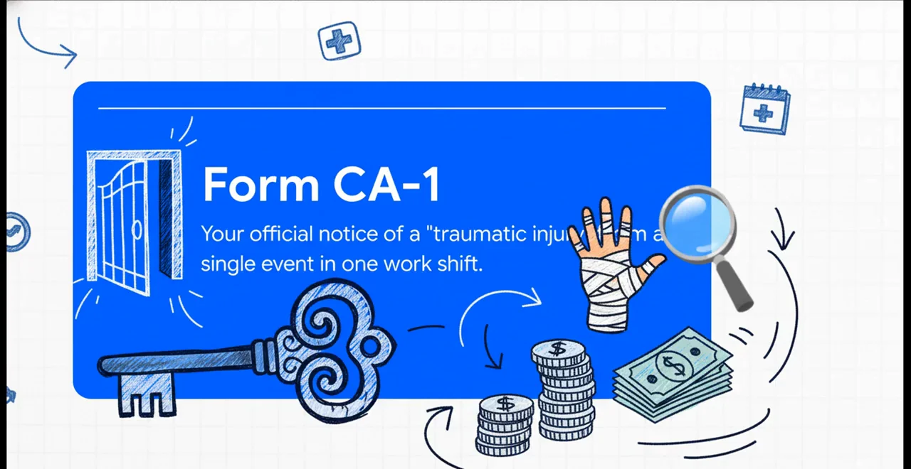 El CA-1 es el aviso oficial de una lesión traumática Ilustración de la tarjeta azul del Formulario CA-1 descrita como el aviso oficial de una lesión traumática ocurrida en un solo turno de trabajo, con una llave, monedas y una lupa dibujadas alrededor