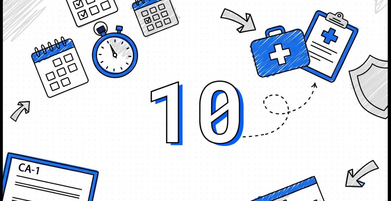 Entrega la evidencia médica dentro de 10 días calendario Ilustración con un número 10 gigante rodeado de calendarios, un cronómetro, un botiquín y un Formulario CA-1, que representa el plazo de 10 días calendario para entregar la evidencia médica