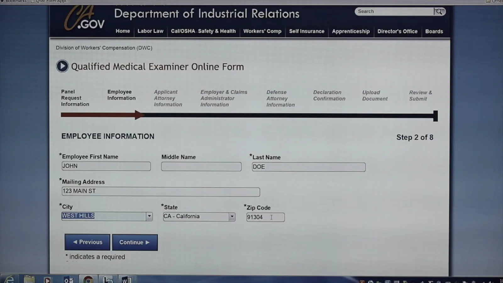 Let the ZIP code fill in the city and state on page 2 Employee Information page of the DWC Qualified Medical Examiner Online Form with a ZIP code typed in and the City and State fields already populated, marked Step 2 of 8