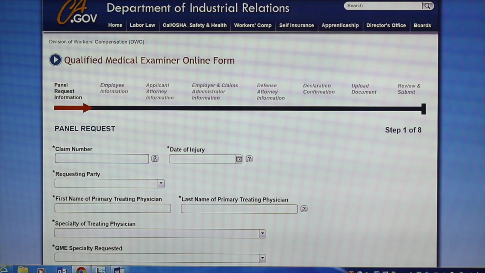 Open the online Form 106 panel request and read the eight-step bar DWC Qualified Medical Examiner Online Form open on a blank PANEL REQUEST page marked Step 1 of 8, with eight page buttons across the top and an empty Claim Number field