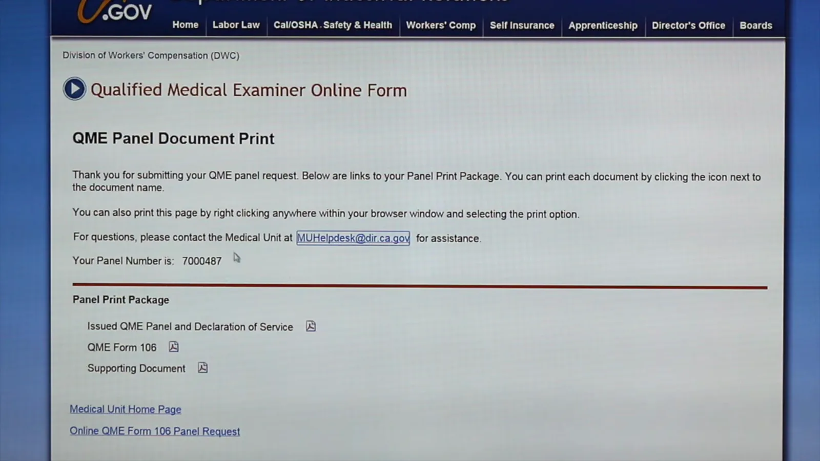 Print the panel package and serve it on every party QME Panel Document Print page of the DWC online system showing a panel number and three attachments: the issued panel with declaration of service, QME Form 106 and the supporting document