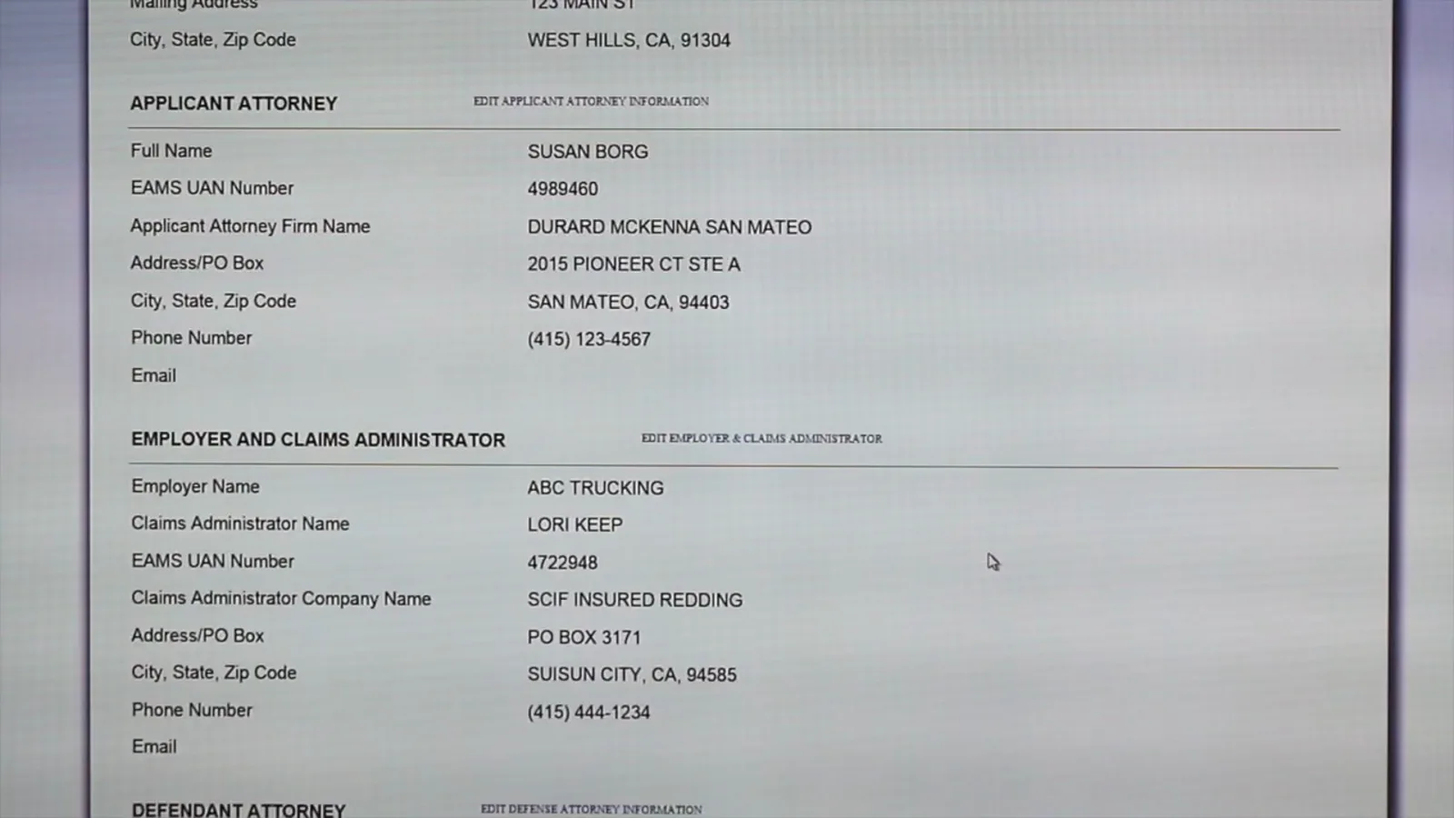 Review every page, then submit the request Review and Submit page of the DWC online Form 106 showing the mailing address, applicant attorney and employer and claims administrator entries collected from the earlier pages