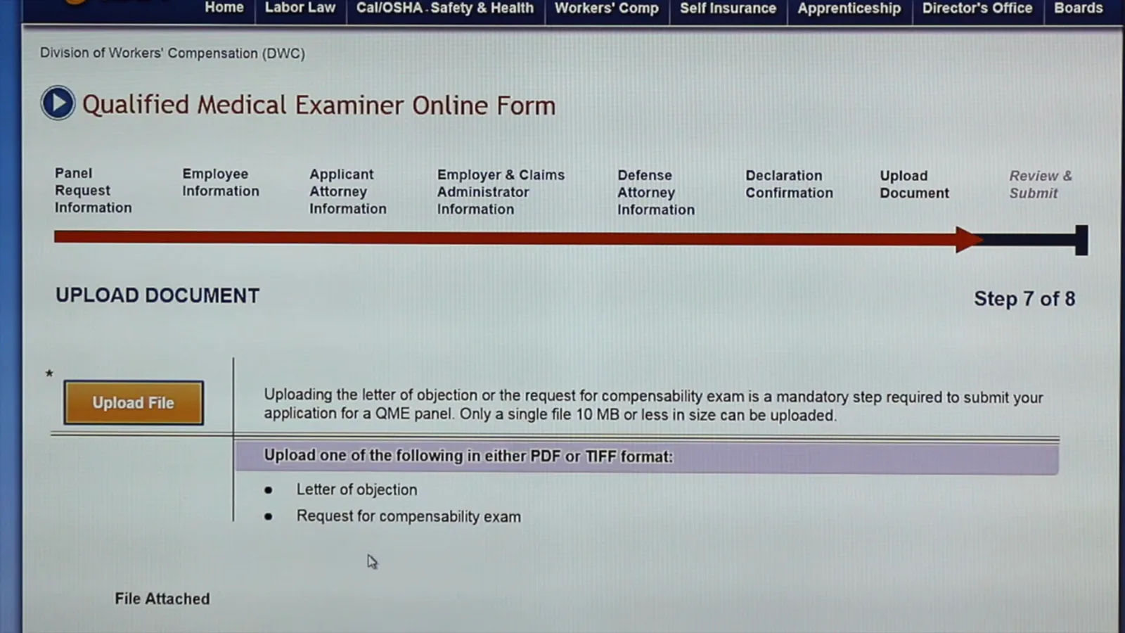 Upload the objection letter or the request for a compensability exam Upload Document page, Step 7 of 8, of the DWC online QME panel request with an Upload File button and instructions that a single PDF or TIFF file of 10 MB or less is required
