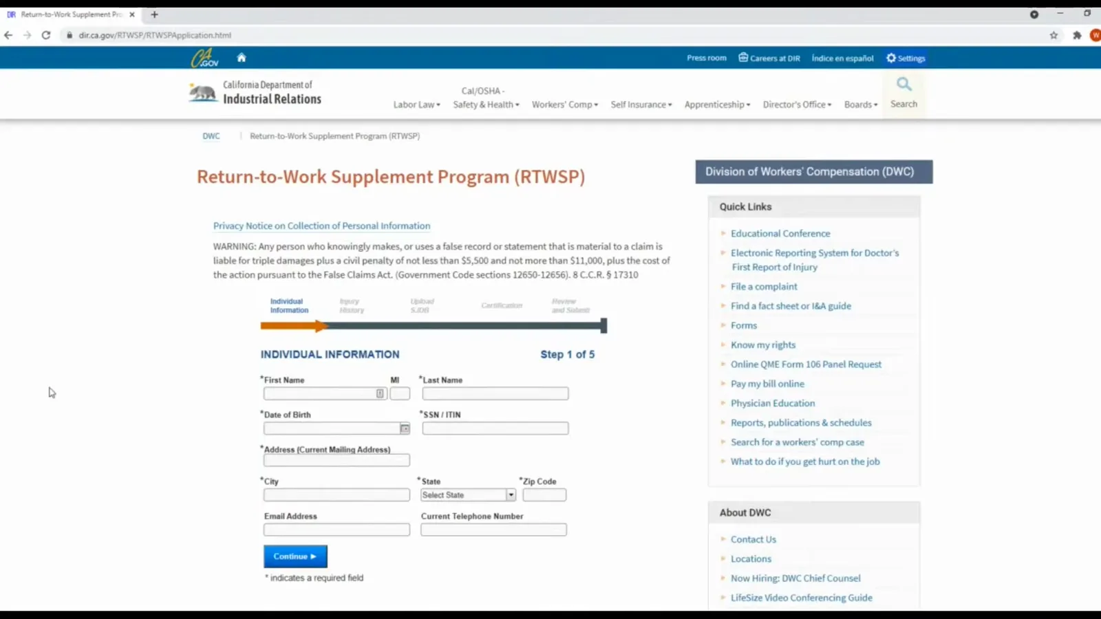 DWC RTWSP online application showing the Step 1 of 5 Individual Information page with an empty First Name field