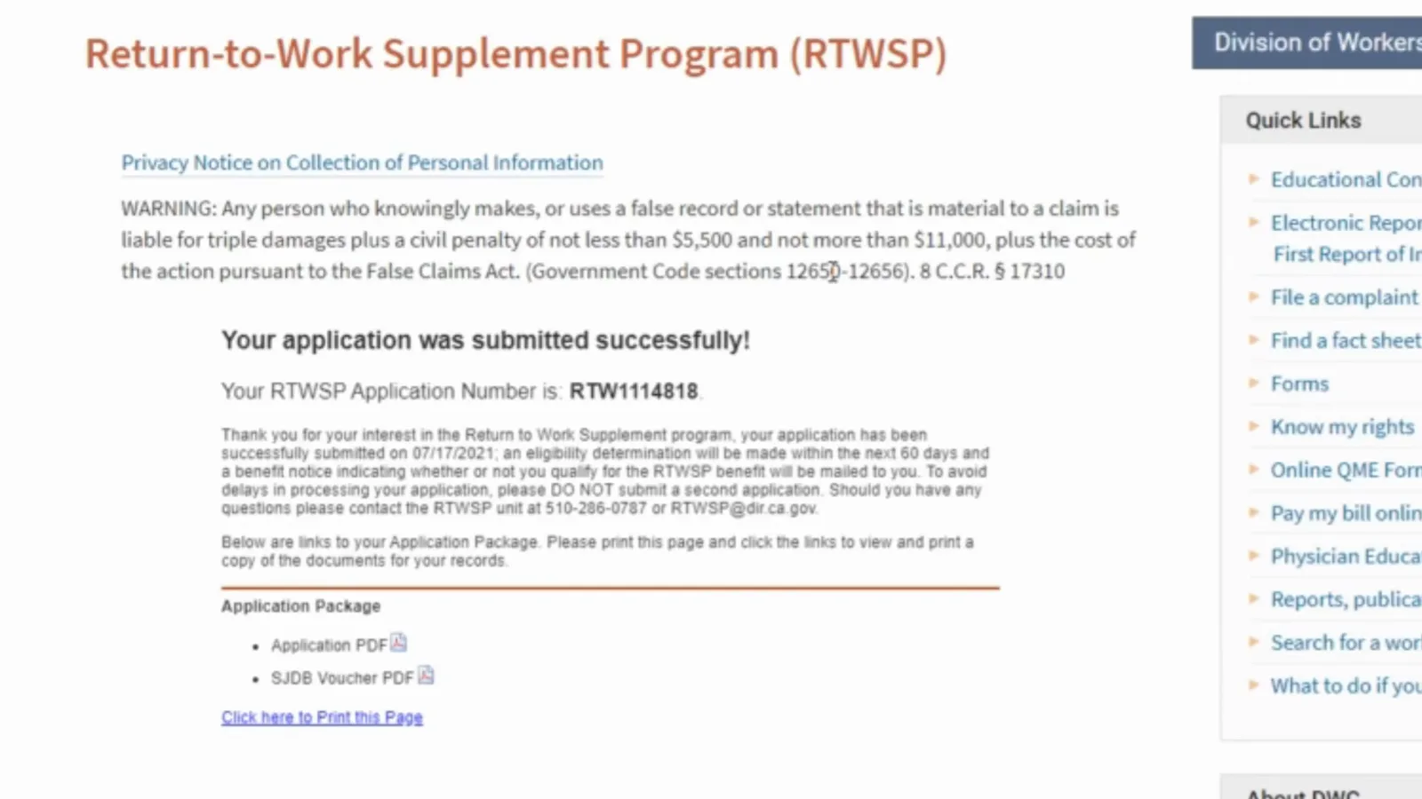 DWC RTWSP confirmation reading Your application was submitted successfully, number RTW114818