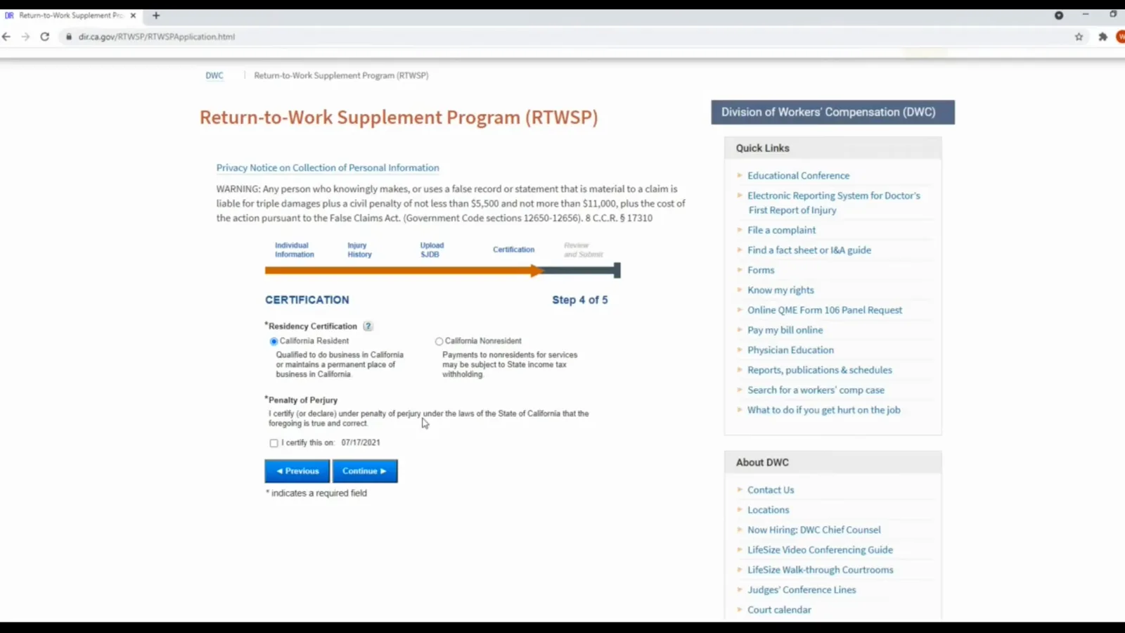 RTWSP certification Step 4 of 5 with the California residency option selected and the perjury box ticked