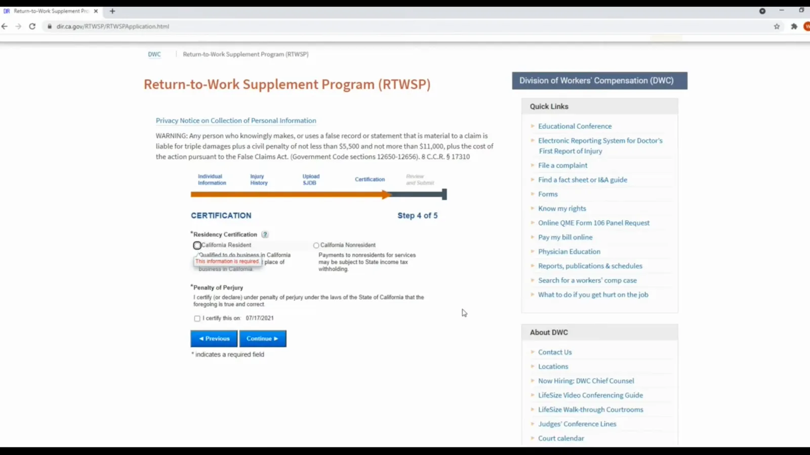 RTWSP certification Step 4 of 5 with California residency options, a required tooltip and a perjury checkbox