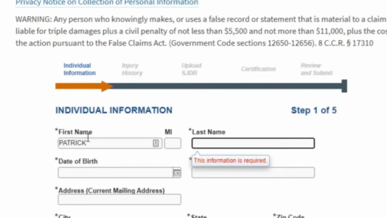 DWC RTWSP application Step 1 of 5 with First Name filled and a red required-field tooltip under Last Name
