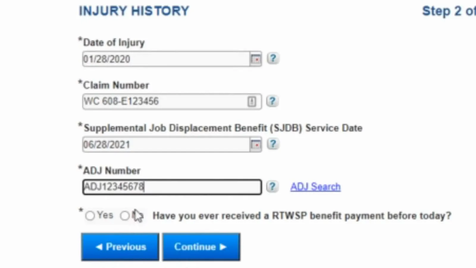 RTWSP Injury History page with WC claim number, SJDB service date 06/28/2021 and ADJ number ADJ12345678