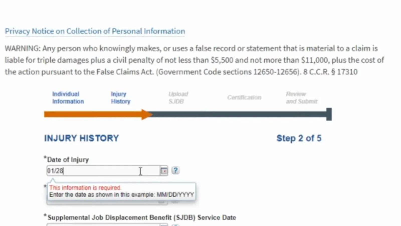 DWC RTWSP Step 2 of 5 with a red Date of Injury tooltip reading Enter the date as shown in this example MM/DD/YYYY