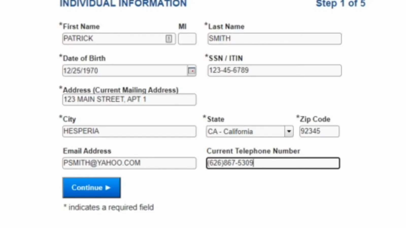 RTWSP Individual Information page filled with a Hesperia California mailing address, ZIP 92345, email and phone