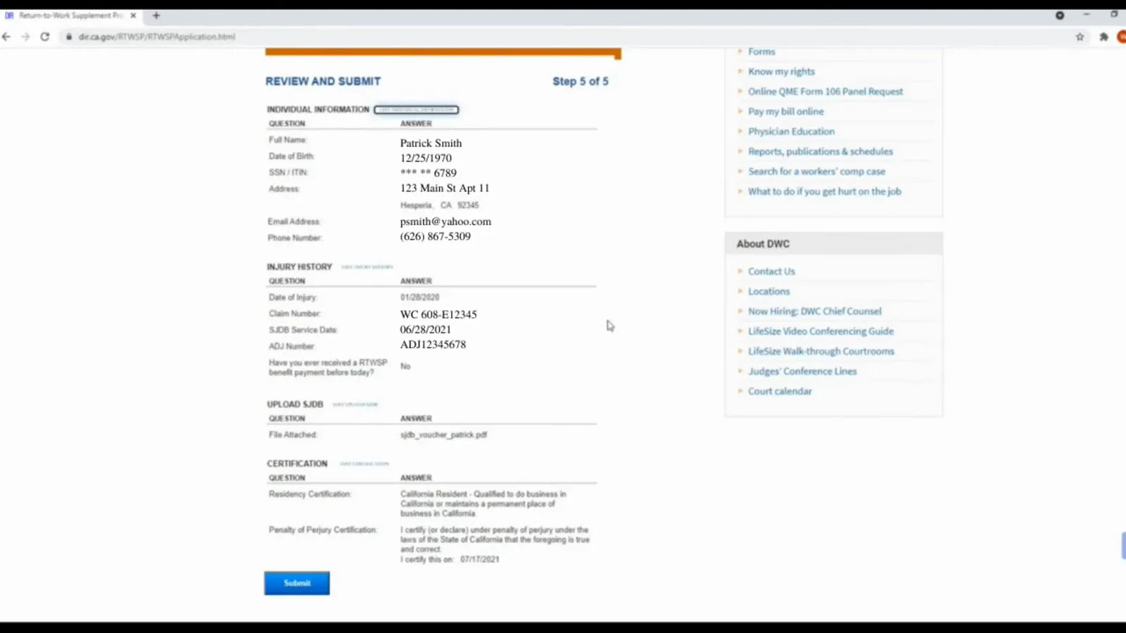RTWSP Review and Submit Step 5 of 5 listing individual information, injury history and the attached voucher