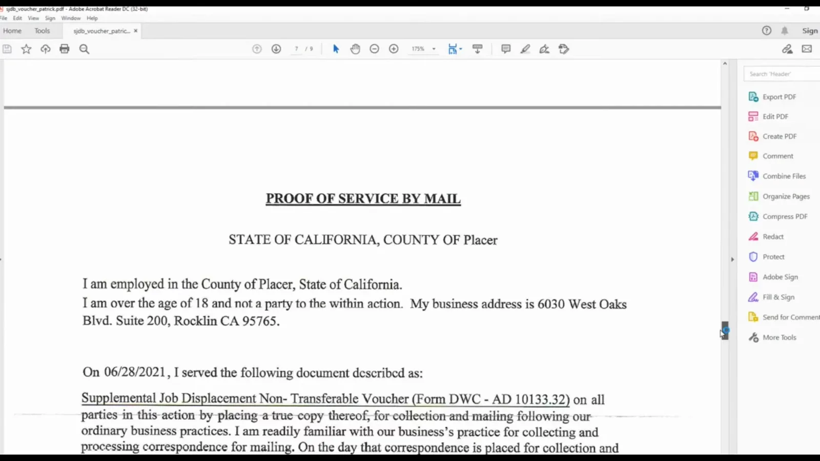 Page 6 proof of service from a California SJDB voucher headed PROOF OF SERVICE BY MAIL, form DWC-AD 10133.32