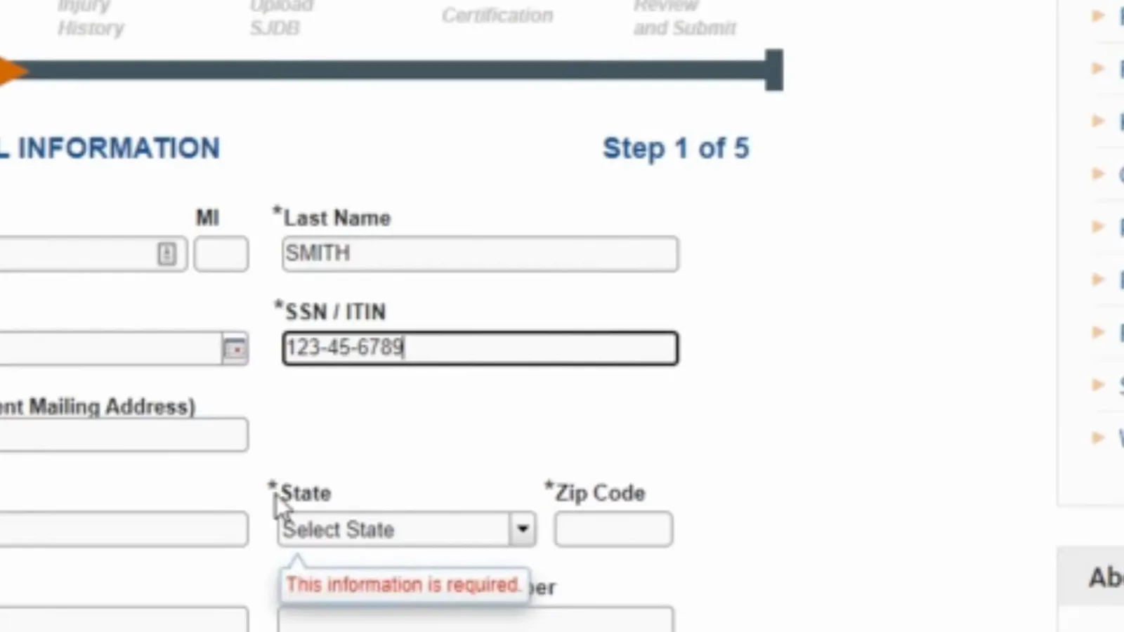 California RTWSP application Step 1 of 5 with the SSN or ITIN field formatted as hyphenated 123-45-6789