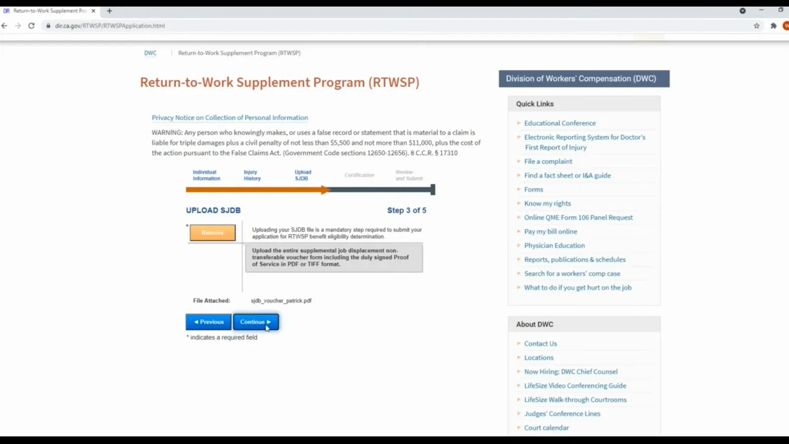 RTWSP Upload SJDB Step 3 of 5 listing the attached voucher file sjdb_voucher_patrick.pdf above Continue