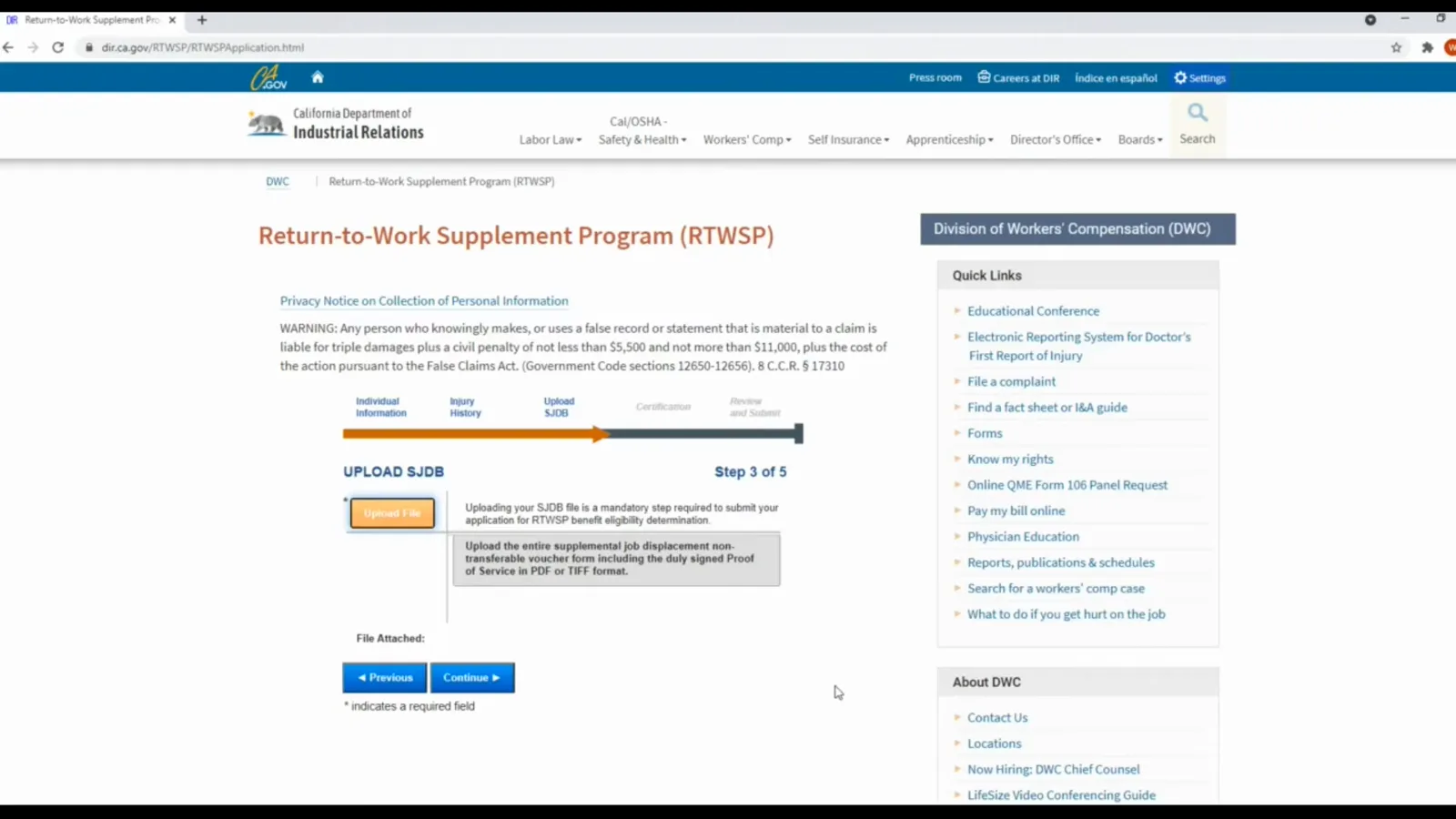 Upload SJDB page marked Step 3 of 5 in the DWC RTWSP application with an empty File Attached row