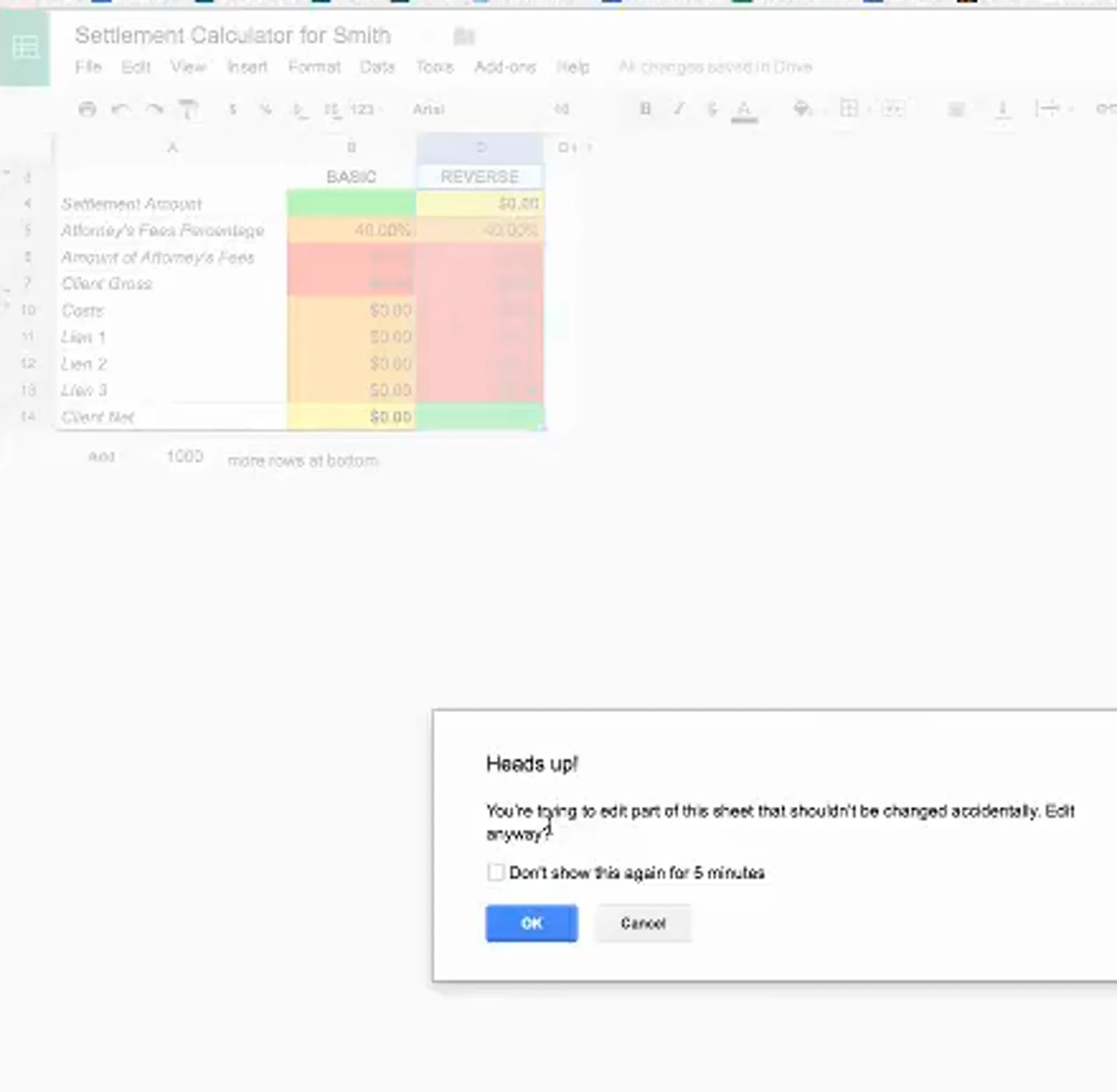 工伤赔偿结算计算器里弹出 Google Sheets 的保护单元格警告框,询问是否要修改被保护、防止误改的区域,下方是确定与取消按钮 工伤赔偿结算计算器里弹出 Google Sheets 的保护单元格警告框,询问是否要修改被保护、防止误改的区域,下方是确定与取消按钮
