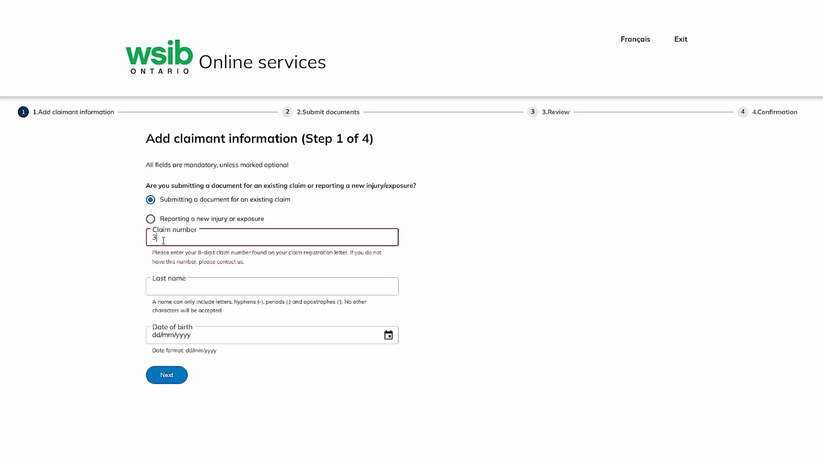 Add claimant information Step 1 of 4 with Submitting a document for an existing claim selected and the claim number