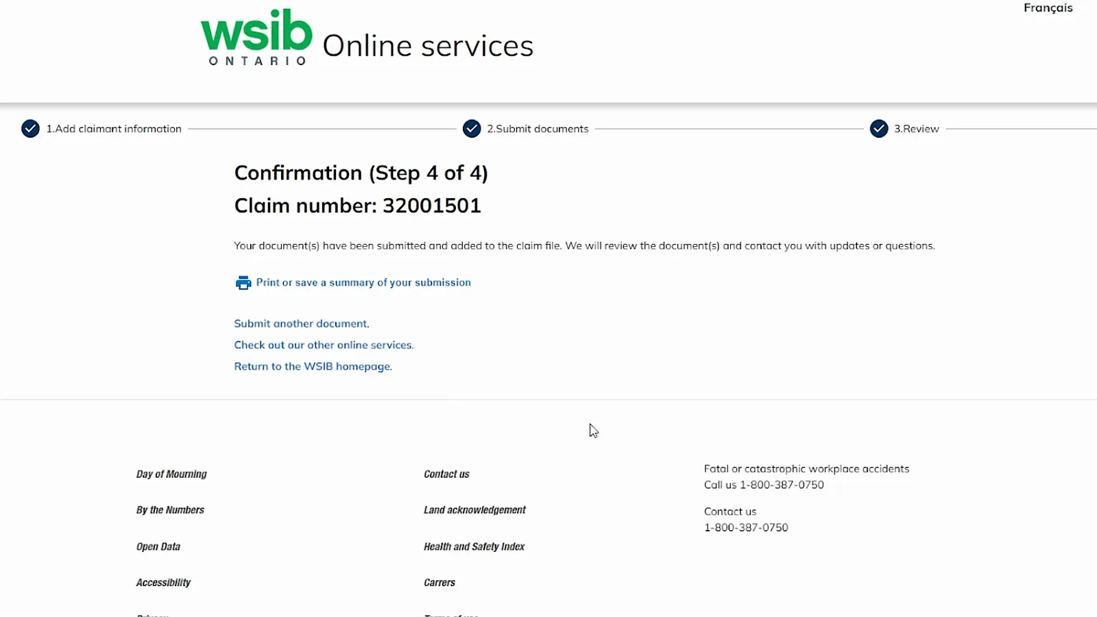 Confirmation Step 4 of 4 page confirming the document was added to the claim file with a print or save link