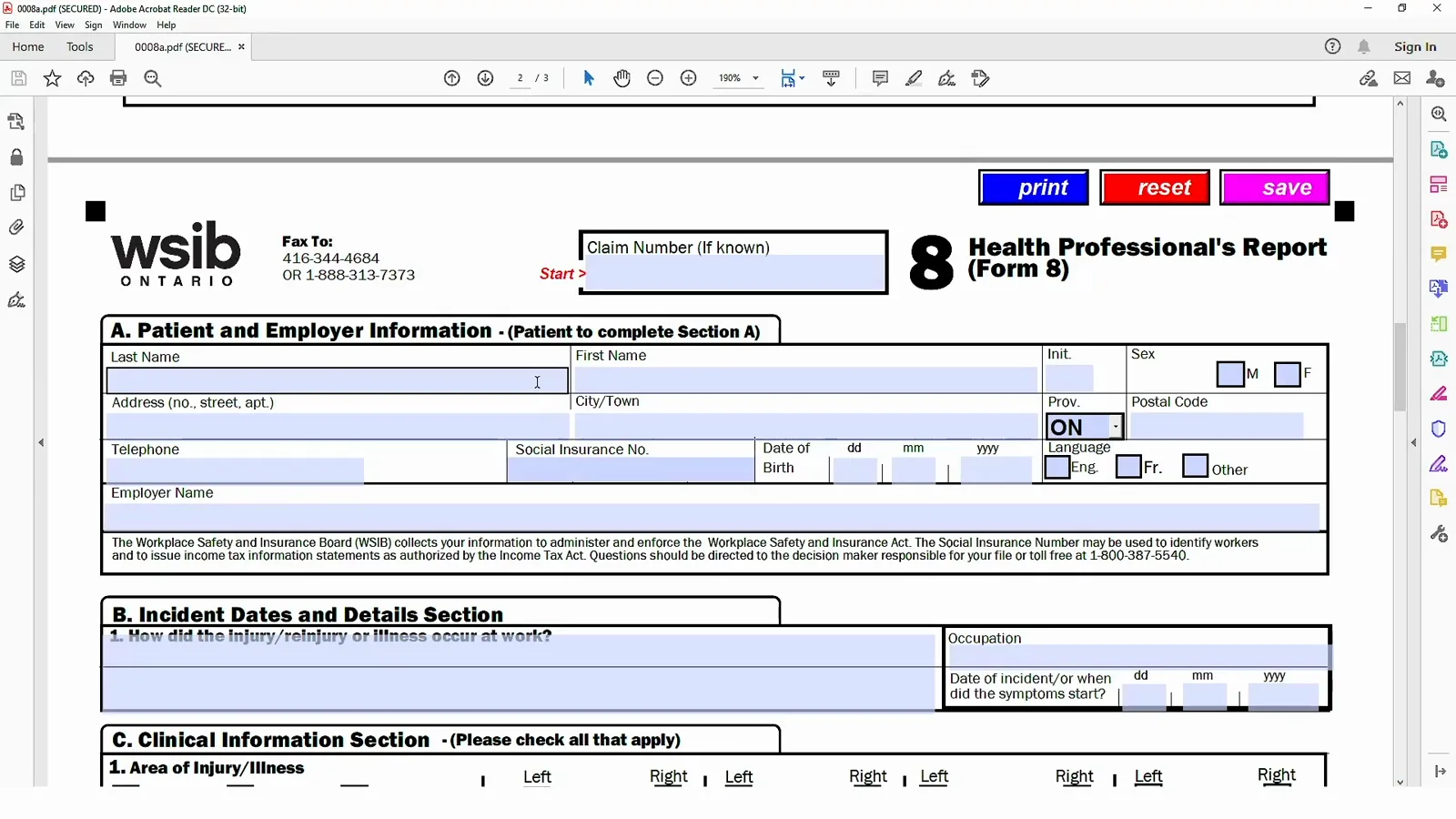 WSIB Form 8 Health Professional's Report open in a PDF viewer with the Claim Number box above Section A