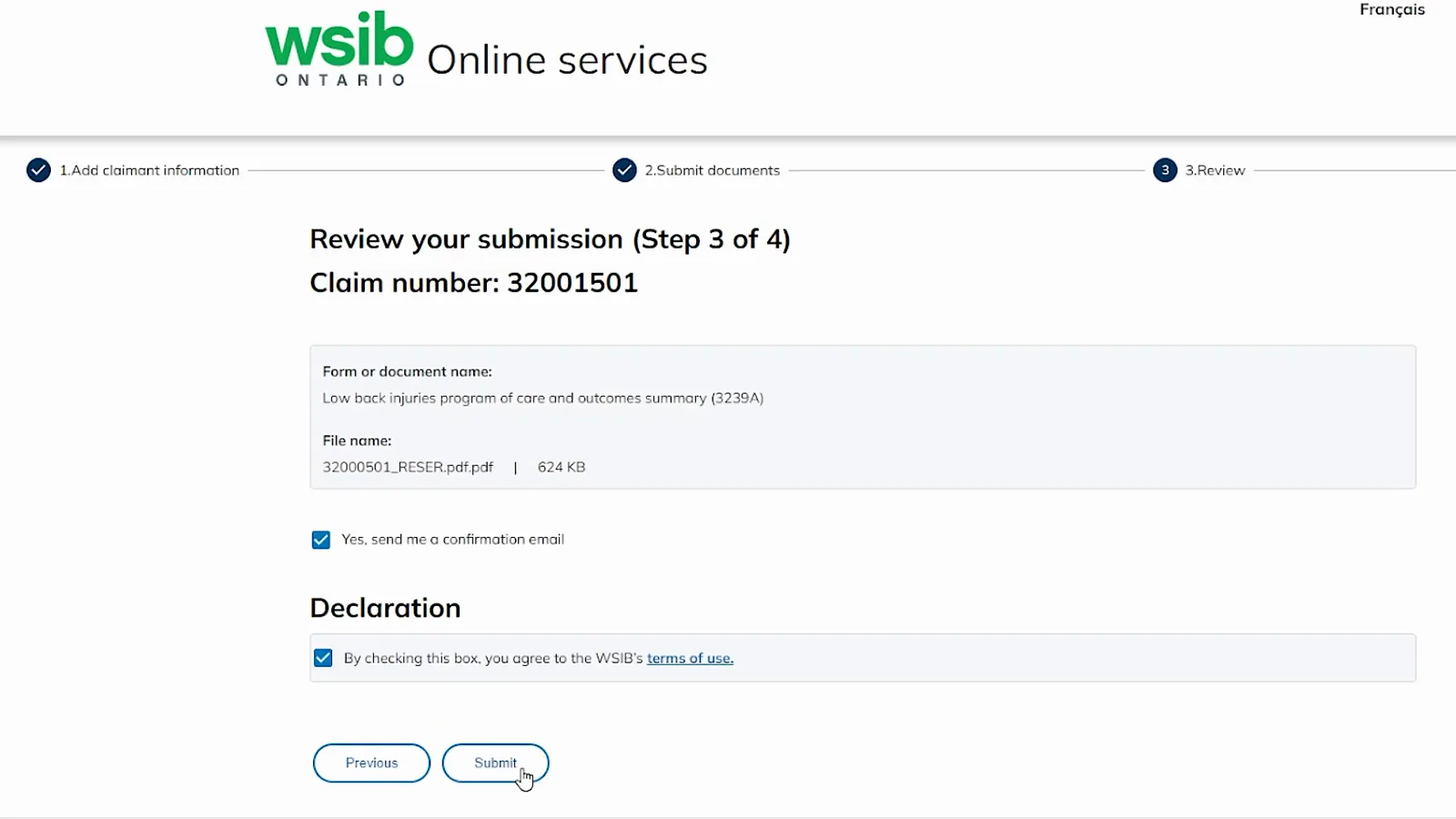 Review your submission Step 3 of 4 page with the file name, confirmation email box, terms of use and Submit