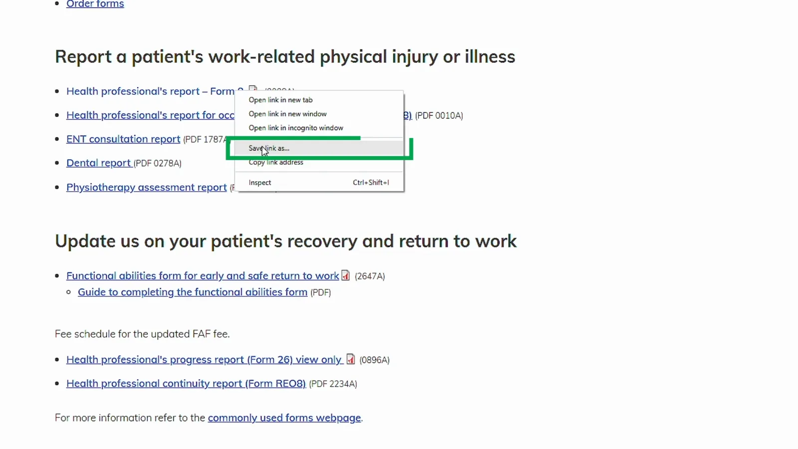 Right-click menu on the WSIB Form 8 link with Save link as highlighted on the wsib.ca forms page