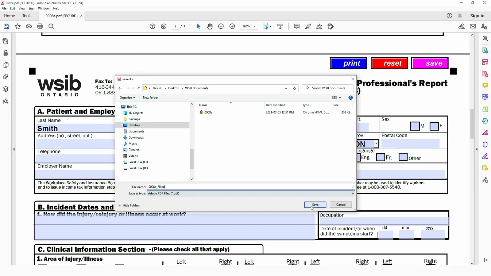 Save As dialog over the filled WSIB Form 8 PDF with a WSIB documents folder selected and the file named 0008a_Filled