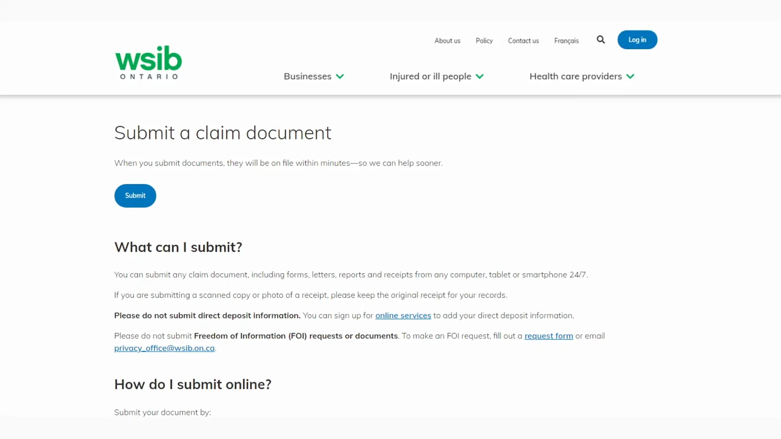 wsib.ca/submit Submit a claim document page listing Start, What can I submit and How do I submit online