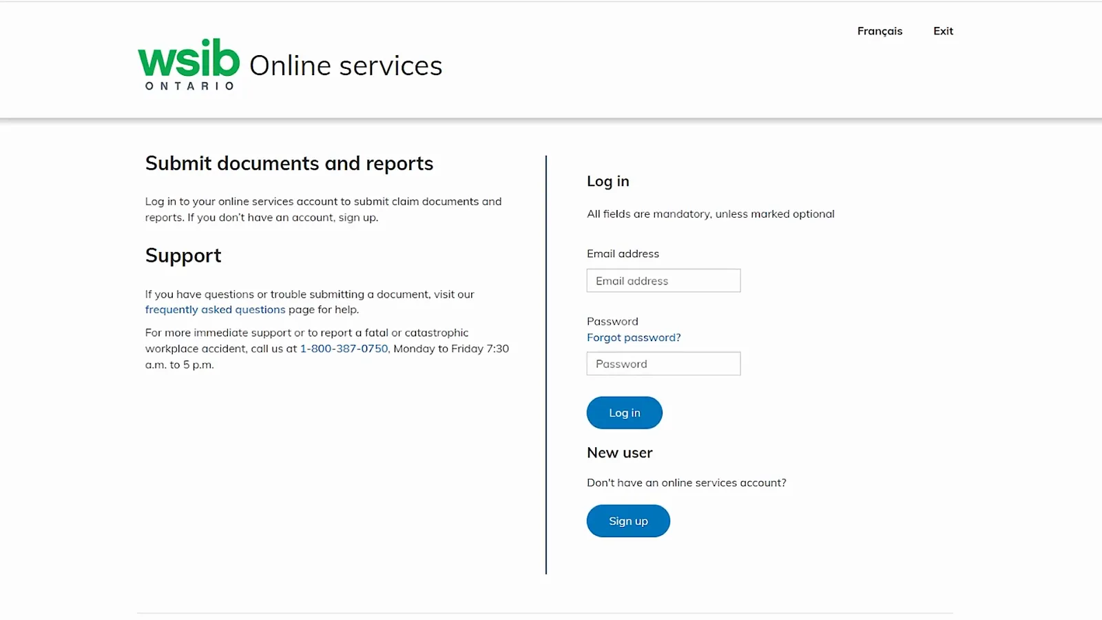 WSIB Online services Submit documents and reports page with the Log in panel and the New user Sign up button