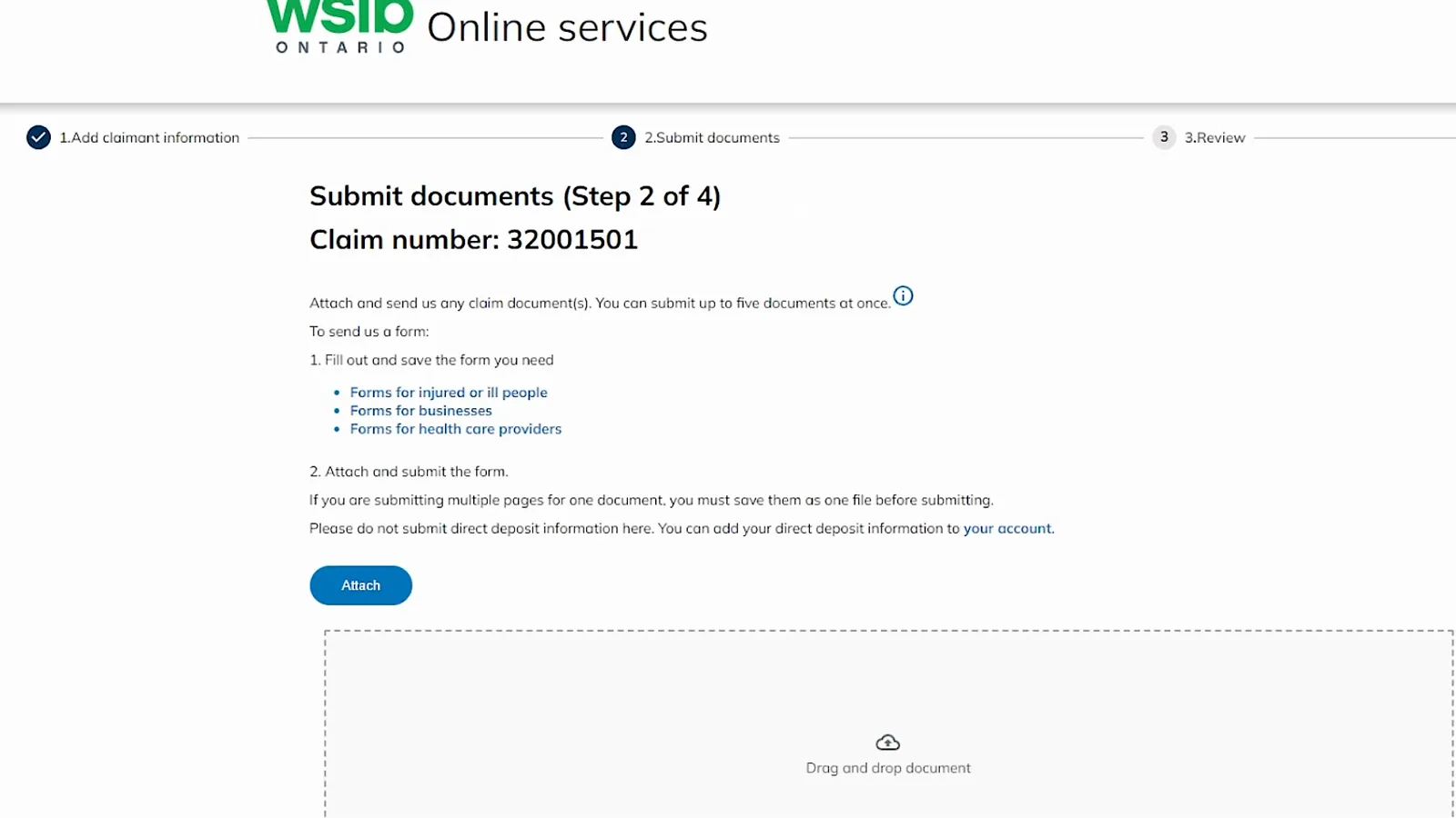 Submit documents Step 2 of 4 page with the Attach button, a drag and drop document box and the five-document limit