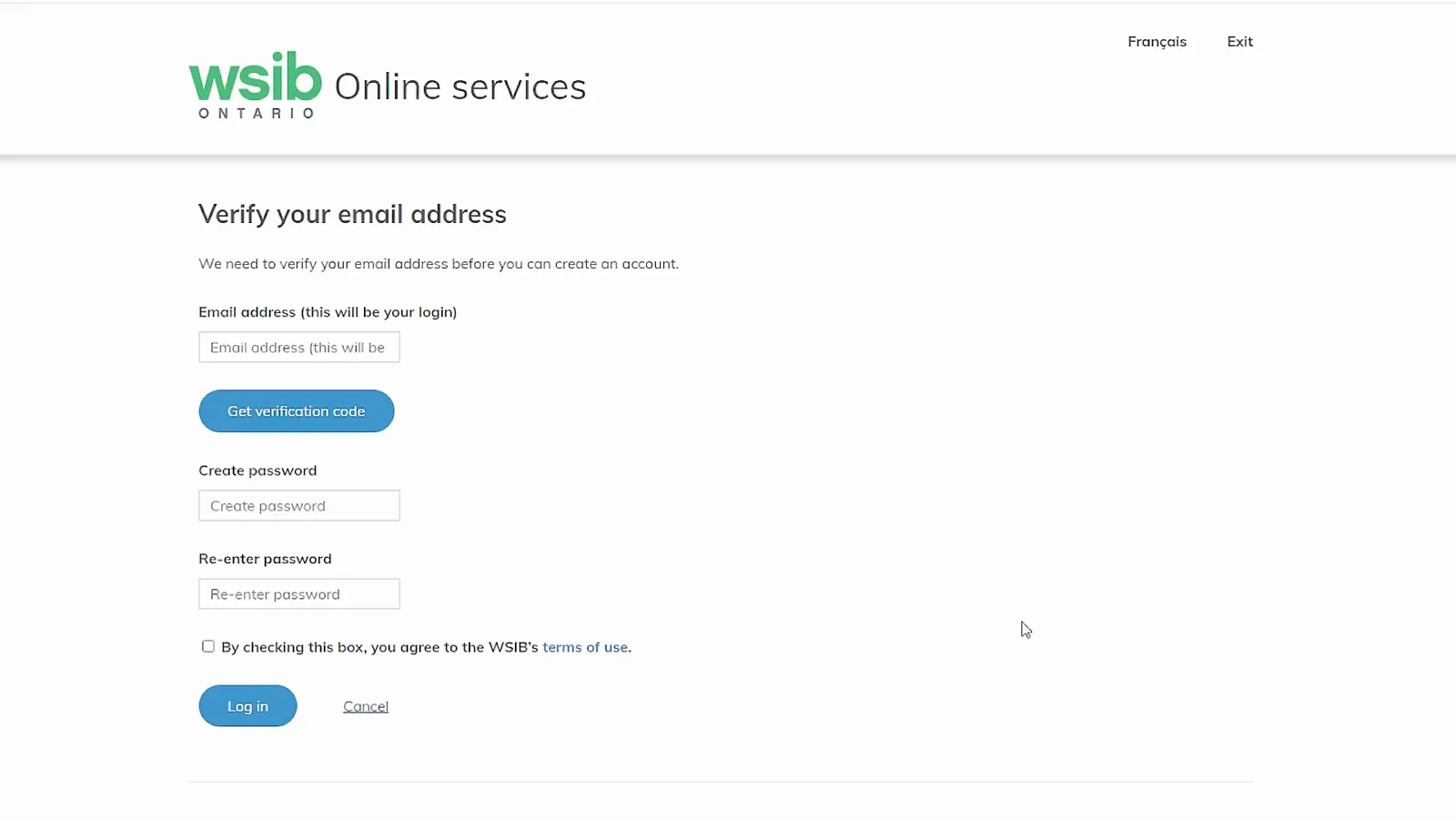 WSIB Online services Verify your email address page with the email field, Get verification code and password boxes